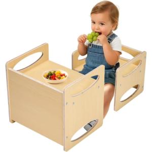 imageVEVOR Montessori Weaning Table and Chair Set 3 in 1 Wooden Toddler Table and Chairs with Chalkboard Adjustable Height Montessori Table for Ages 15 Ideal for Drawing Reading Eating  WhiteNatural Wood