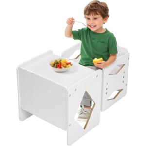 imageVEVOR Montessori Weaning Table and Chair Set 3 in 1 Wooden Toddler Table and Chairs with Chalkboard Adjustable Height Montessori Table for Ages 15 Ideal for Drawing Reading Eating  WhiteWhite