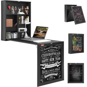 imageVEVOR Wall Mounted Desk Fold Out Convertible Desk MultiFunction Folding Wall Table with Chalkboard for Home Office Space Saving Computer Table with Storage Area