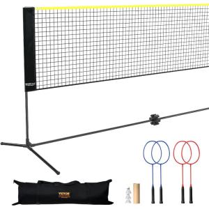 imageVEVOR Badminton Net Height Adjustable Volleyball Net Wide Foldable Pickleball Net Portable Easy Setup Tennis Net Set with Poles Stand and Carry Bag for Kids Backyard Game Indoor Outdoor Use20ft with Rackets and Shuttlecocks