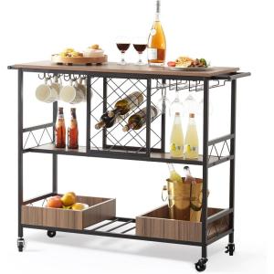 imageVEVOR Bar Cart Gold 3 Tiers Home Bar Serving Cart on Lockable Wheels Rolling Alcohol Cart with Tempered Glass Shelves Guardrail Wine Rack Modern Wine Cart for Home Kitchen Dining and Living RoomBlack