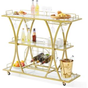 imageVEVOR Bar Cart Gold 3 Tiers Home Bar Serving Cart on Lockable Wheels Rolling Alcohol Cart with Tempered Glass Shelves Guardrail Wine Rack Modern Wine Cart for Home Kitchen Dining and Living RoomGold