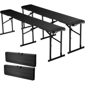 imageVEVOR Plastic Folding Bench 6ft Portable Folding Bench Smooth High Density Polyethylene Waterproof Outdoor Bench Picnic Camping Table with Handle for Garden Soccer Playtime White 2 PackBlack