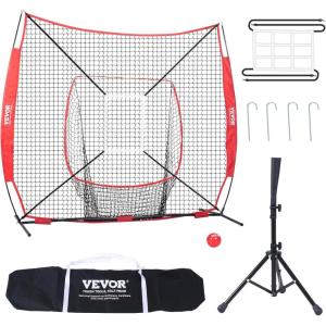 imageVEVOR Softball Practice Net Portable Baseball Training Net for Hitting Batting Catching Pitching  Backstop Equipment with Bow Frame Carry Bag Strike Zone Batting Tee7X7FT Set 1