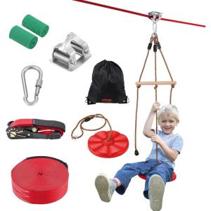 imageVEVOR Zip line Kits for Backyard160ft Zip line Kit for Kids and Adult Up to 330 lb Included Swing Seat Ziplines Brake and Steel Trolley Outdoor Playground EquipmentRed65 ft