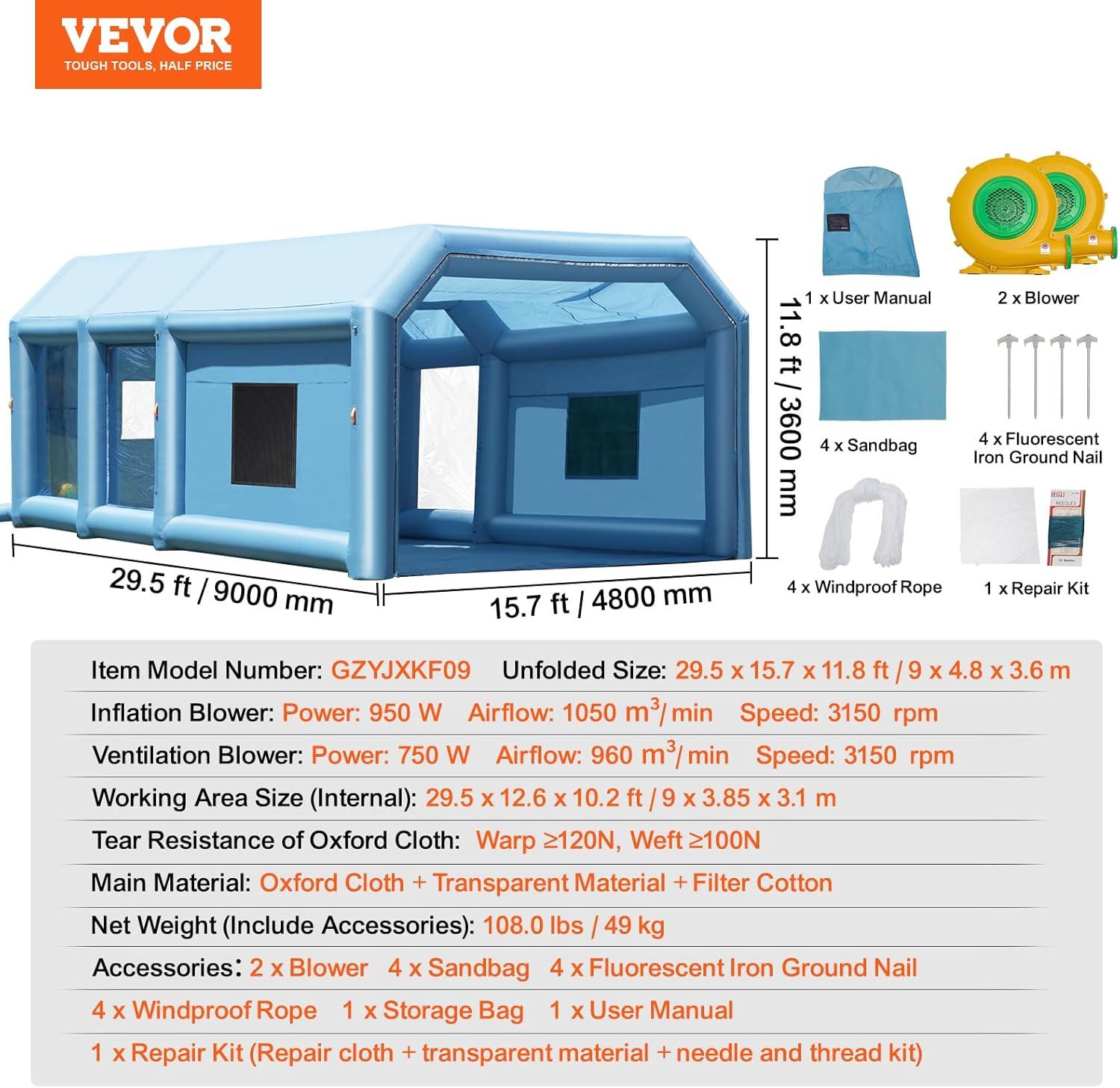 imageVEVOR Inflatable Paint Booth 98 x 82 x 82 ft Inflatable Spray Booth with 550W Powerful Blower and Air Filter System Portable Car Paint Booth for Motorcycle Bicycle Small Furniture PaintingBlue