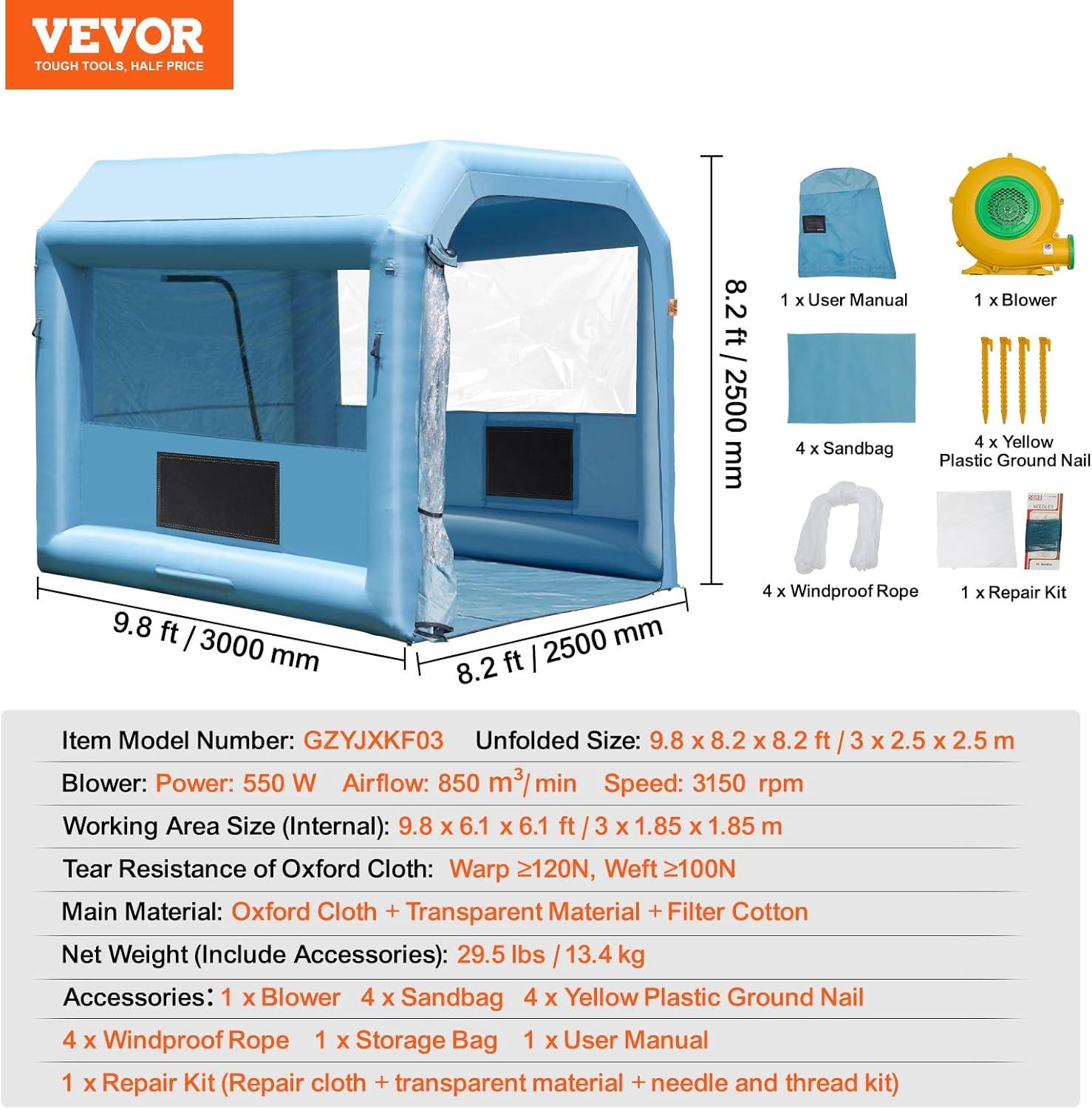 imageVEVOR Inflatable Paint Booth 98 x 82 x 82 ft Inflatable Spray Booth with 550W Powerful Blower and Air Filter System Portable Car Paint Booth for Motorcycle Bicycle Small Furniture PaintingBlue