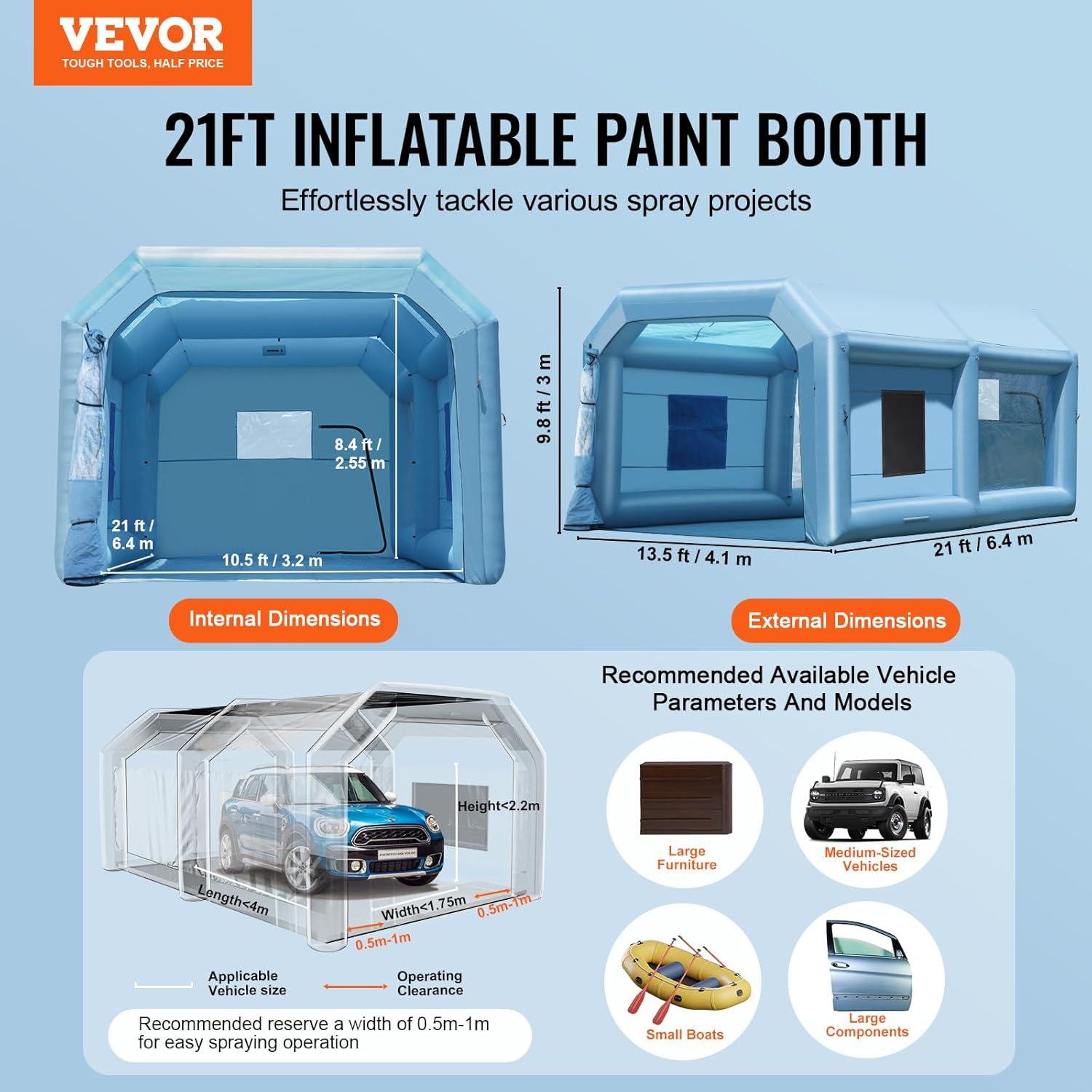 imageVEVOR Inflatable Paint Booth 98 x 82 x 82 ft Inflatable Spray Booth with 550W Powerful Blower and Air Filter System Portable Car Paint Booth for Motorcycle Bicycle Small Furniture PaintingBlue