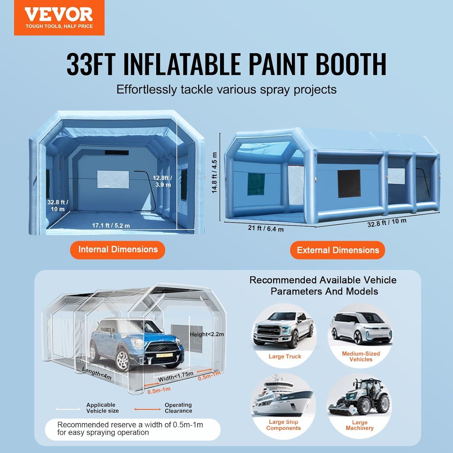 imageVEVOR Inflatable Paint Booth 98 x 82 x 82 ft Inflatable Spray Booth with 550W Powerful Blower and Air Filter System Portable Car Paint Booth for Motorcycle Bicycle Small Furniture PaintingBlue