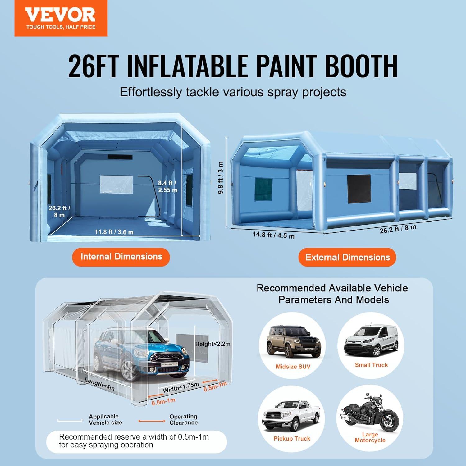 imageVEVOR Inflatable Paint Booth 98 x 82 x 82 ft Inflatable Spray Booth with 550W Powerful Blower and Air Filter System Portable Car Paint Booth for Motorcycle Bicycle Small Furniture PaintingBlue