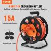 imageVEVOR 100FT Retractable Extension Cord Reel with 4 Outlets and Dust Cover Heavy Duty 12AWG SJTOW Power Cord Portable Handle and Safety Overload Circuit Breaker for Outdoor Indoor Toolshed Garage100FT 12AWG