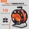 imageVEVOR 100FT Retractable Extension Cord Reel with 4 Outlets and Dust Cover Heavy Duty 12AWG SJTOW Power Cord Portable Handle and Safety Overload Circuit Breaker for Outdoor Indoor Toolshed Garage100FT 14AWG