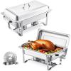 imageVEVOR Chafing Dish Buffet Set 8 Qt 2 Pack Stainless Steel Chafer with 2 Full Size Pans Rectangle Catering Warmer Server with Glass Lid Water Pan Folding Stand Fuel Holder for Wedding Party BanquetSilver