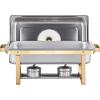 imageVEVOR Chafing Dish Buffet Set 8 Qt 2 Pack Stainless Steel Chafer with 2 Full Size Pans Rectangle Catering Warmer Server with Glass Lid Water Pan Folding Stand Fuel Holder for Wedding Party BanquetGold