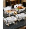 imageVEVOR Chafing Dish Buffet Set 8 Qt 2 Pack Stainless Steel Chafer with 2 Full Size Pans Rectangle Catering Warmer Server with Glass Lid Water Pan Folding Stand Fuel Holder for Wedding Party BanquetGold