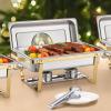 imageVEVOR Chafing Dish Buffet Set 8 Qt 2 Pack Stainless Steel Chafer with 2 Full Size Pans Rectangle Catering Warmer Server with Glass Lid Water Pan Folding Stand Fuel Holder for Wedding Party BanquetGold