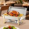 imageVEVOR Chafing Dish Buffet Set 8 Qt 2 Pack Stainless Steel Chafer with 2 Full Size Pans Rectangle Catering Warmer Server with Glass Lid Water Pan Folding Stand Fuel Holder for Wedding Party BanquetGold