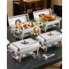 imageVEVOR Chafing Dish Buffet Set 8 Qt 2 Pack Stainless Steel Chafer with 2 Full Size Pans Rectangle Catering Warmer Server with Glass Lid Water Pan Folding Stand Fuel Holder for Wedding Party BanquetGold