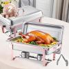 imageVEVOR Chafing Dish Buffet Set 8 Qt 2 Pack Stainless Steel Chafer with 2 Full Size Pans Rectangle Catering Warmer Server with Glass Lid Water Pan Folding Stand Fuel Holder for Wedding Party BanquetRose Gold