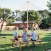 imageVEVOR Kids Picnic Table with Umbrella 3in1 Sand ampamp Water Table Outdoor Wooden Table and Bench Set with 2 Trays 4People Patio Dining Furniture for Garden Backyard and Porch Walnut
