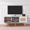 imageVEVOR Rattan TV Stand Boho TV Cabinet for 55 inch TV Mid Century Modern TV Stand Rattan TV Console with Adjustable Shelfs for Living Room Media Room BlackWhite