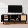 imageVEVOR Rattan TV Stand Boho TV Cabinet for 55 inch TV Mid Century Modern TV Stand Rattan TV Console with Adjustable Shelfs for Living Room Media Room BlackBlack