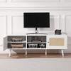 imageVEVOR Rattan TV Stand Boho TV Cabinet for 55 inch TV Mid Century Modern TV Stand Rattan TV Console with Adjustable Shelfs for Living Room Media Room BlackWhite
