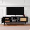 imageVEVOR Rattan TV Stand Boho TV Cabinet for 55 inch TV Mid Century Modern TV Stand Rattan TV Console with Adjustable Shelfs for Living Room Media Room BlackBlack