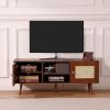 imageVEVOR Rattan TV Stand Boho TV Cabinet for 55 inch TV Mid Century Modern TV Stand Rattan TV Console with Adjustable Shelfs for Living Room Media Room BlackWalnut