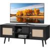 imageVEVOR Rattan TV Stand Boho TV Cabinet for 55 inch TV Mid Century Modern TV Stand Rattan TV Console with Adjustable Shelfs for Living Room Media Room BlackBlack
