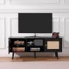 imageVEVOR Rattan TV Stand Boho TV Cabinet for 55 inch TV Mid Century Modern TV Stand Rattan TV Console with Adjustable Shelfs for Living Room Media Room BlackBlack