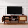 imageVEVOR Rattan TV Stand Boho TV Cabinet for 55 inch TV Mid Century Modern TV Stand Rattan TV Console with Adjustable Shelfs for Living Room Media Room BlackWalnut