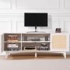 imageVEVOR Rattan TV Stand Boho TV Cabinet for 55 inch TV Mid Century Modern TV Stand Rattan TV Console with Adjustable Shelfs for Living Room Media Room BlackWhite