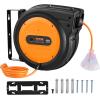 imageVEVOR Retractable Extension Cord Reel 50 FT Heavy Duty 14AWG3C SJTOW Extension Power Cord with Lighted Triple Tap Outlet 13A Circuit Breaker 180 Swivel Bracket for Ceiling or Wall Mount RedOrange  Black