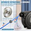 imageVEVOR Retractable Extension Cord Reel 50 FT Heavy Duty 14AWG3C SJTOW Extension Power Cord with Lighted Triple Tap Outlet 13A Circuit Breaker 180 Swivel Bracket for Ceiling or Wall Mount RedBlue