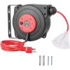 imageVEVOR Retractable Extension Cord Reel 50 FT Heavy Duty 14AWG3C SJTOW Extension Power Cord with Lighted Triple Tap Outlet 13A Circuit Breaker 180 Swivel Bracket for Ceiling or Wall Mount RedRed