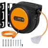 imageVEVOR Retractable Extension Cord Reel 50 FT Heavy Duty 14AWG3C SJTOW Extension Power Cord with Lighted Triple Tap Outlet 13A Circuit Breaker 180 Swivel Bracket for Ceiling or Wall Mount RedOrange