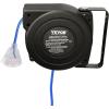 imageVEVOR Retractable Extension Cord Reel 50 FT Heavy Duty 14AWG3C SJTOW Extension Power Cord with Lighted Triple Tap Outlet 13A Circuit Breaker 180 Swivel Bracket for Ceiling or Wall Mount RedBlue