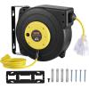 imageVEVOR Retractable Extension Cord Reel 50 FT Heavy Duty 14AWG3C SJTOW Extension Power Cord with Lighted Triple Tap Outlet 13A Circuit Breaker 180 Swivel Bracket for Ceiling or Wall Mount RedYellow