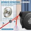 imageVEVOR Retractable Extension Cord Reel 50 FT Heavy Duty 14AWG3C SJTOW Extension Power Cord with Lighted Triple Tap Outlet 13A Circuit Breaker 180 Swivel Bracket for Ceiling or Wall Mount RedRed
