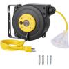 imageVEVOR Retractable Extension Cord Reel 50 FT Heavy Duty 14AWG3C SJTOW Extension Power Cord with Lighted Triple Tap Outlet 13A Circuit Breaker 180 Swivel Bracket for Ceiling or Wall Mount RedYellow