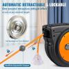 imageVEVOR Retractable Extension Cord Reel 50 FT Heavy Duty 14AWG3C SJTOW Extension Power Cord with Lighted Triple Tap Outlet 13A Circuit Breaker 180 Swivel Bracket for Ceiling or Wall Mount RedOrange