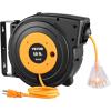 imageVEVOR Retractable Extension Cord Reel 50 FT Heavy Duty 14AWG3C SJTOW Extension Power Cord with Lighted Triple Tap Outlet 13A Circuit Breaker 180 Swivel Bracket for Ceiling or Wall Mount RedOrange  Black