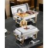 imageVEVOR Chafing Dish Buffet Set 8 Qt 2 Pack Stainless Steel Chafer with 2 Full Size Pans Rectangle Catering Warmer Server with Glass Lid Water Pan Folding Stand Fuel Holder for Wedding Party BanquetGold