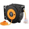imageVEVOR Retractable Extension Cord Reel 50 FT Heavy Duty 14AWG3C SJTOW Extension Power Cord with Lighted Triple Tap Outlet 13A Circuit Breaker 180 Swivel Bracket for Ceiling or Wall Mount RedOrange  Black