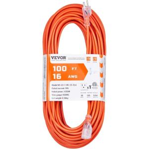 imageVEVOR 100FT Heavy Duty Extension Cord 12AWG 15Amps 1875W 3 Prongs Indoor Outdoor Electric Cord with Lighted End Flexible ampamp 40C ColdResistant for Lawn Garage Home Use ETL Listed16AWG