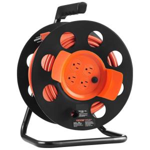 imageVEVOR 100FT Retractable Extension Cord Reel with 4 Outlets and Dust Cover Heavy Duty 12AWG SJTOW Power Cord Portable Handle and Safety Overload Circuit Breaker for Outdoor Indoor Toolshed Garage100FT 14AWG