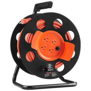 imageVEVOR 100FT Retractable Extension Cord Reel with 4 Outlets and Dust Cover Heavy Duty 12AWG SJTOW Power Cord Portable Handle and Safety Overload Circuit Breaker for Outdoor Indoor Toolshed Garage100FT 12AWG
