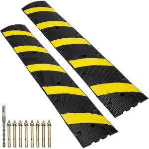 imageVEVOR 2PCs 6 ft72 Rubber Speed Hump 2 Channel 22000 lbs Capacity Heavy Duty Traffic Speed Bump with High Reflective Yellow Strip 8 Expansion Screws and 1 Drill for Asphalt Concrete Gravel Roads2 PCs