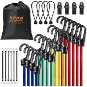 imageVEVOR 32pcs Bungee Cords Assortment 12 mm Heavy Duty Bungee Cords with Hooks Including 10quot 24quot 32quot 40quot 48quot Bungee Ropes Set with Portable Storage Bag 4 Free Tarp Clips ampamp Canopy Ties32 Piece10  24  32  40  48